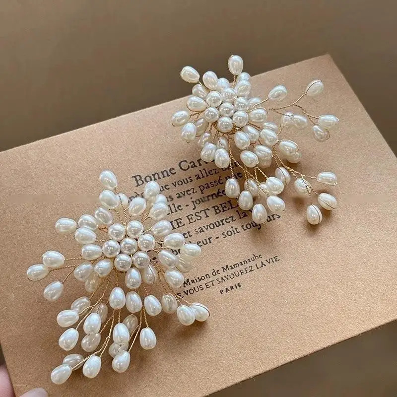 Vintage Imitation Pearls Flower Earrings for Women Handmade Beading Tassels Long Earring Bridal Wedding Party Jewelry 251016