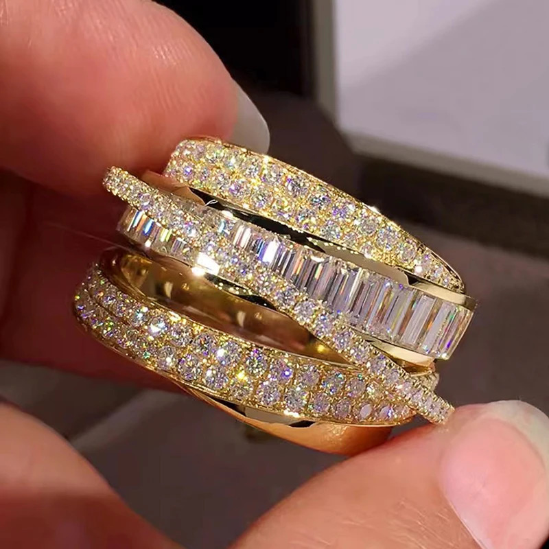 Huitan Bling Gold Color Rings Gorgeous Women Wedding Accessories Full Sparkling Cubic Zirconia Party Trendy Jewelry 251016