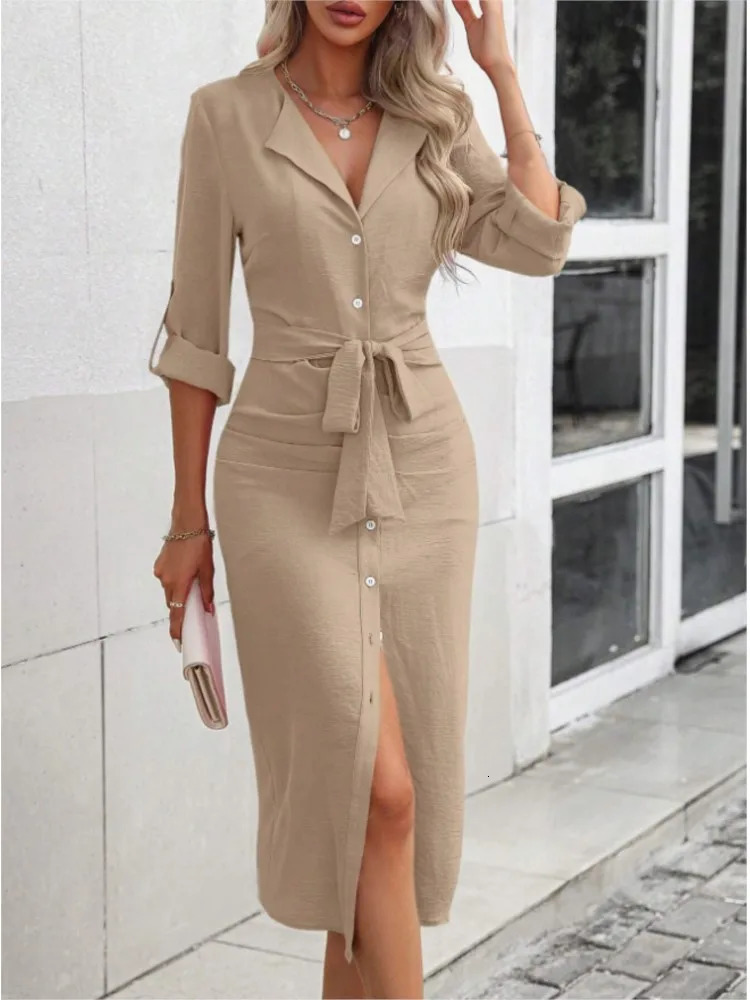 Fashion Slim Midi Dress Women Casual Solid Turndown Collar Laceup Long Sleeve Pencil Shirt Dresses Elegant 251017