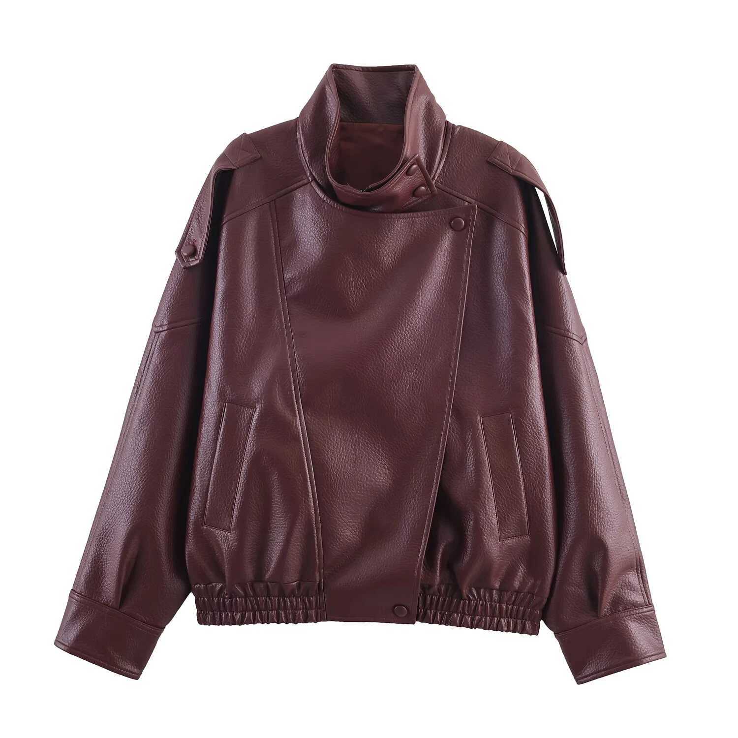 Autumn new womens clothing French motorcycle style standing collar long sleeved imitation leather short jacketT251017