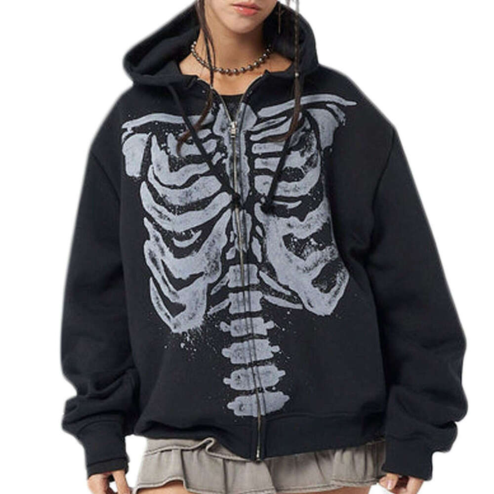 Women Y2k Spring Autumn Casual Hooded Coat Black Long Sleeve Skull Print Zipper Hoodie