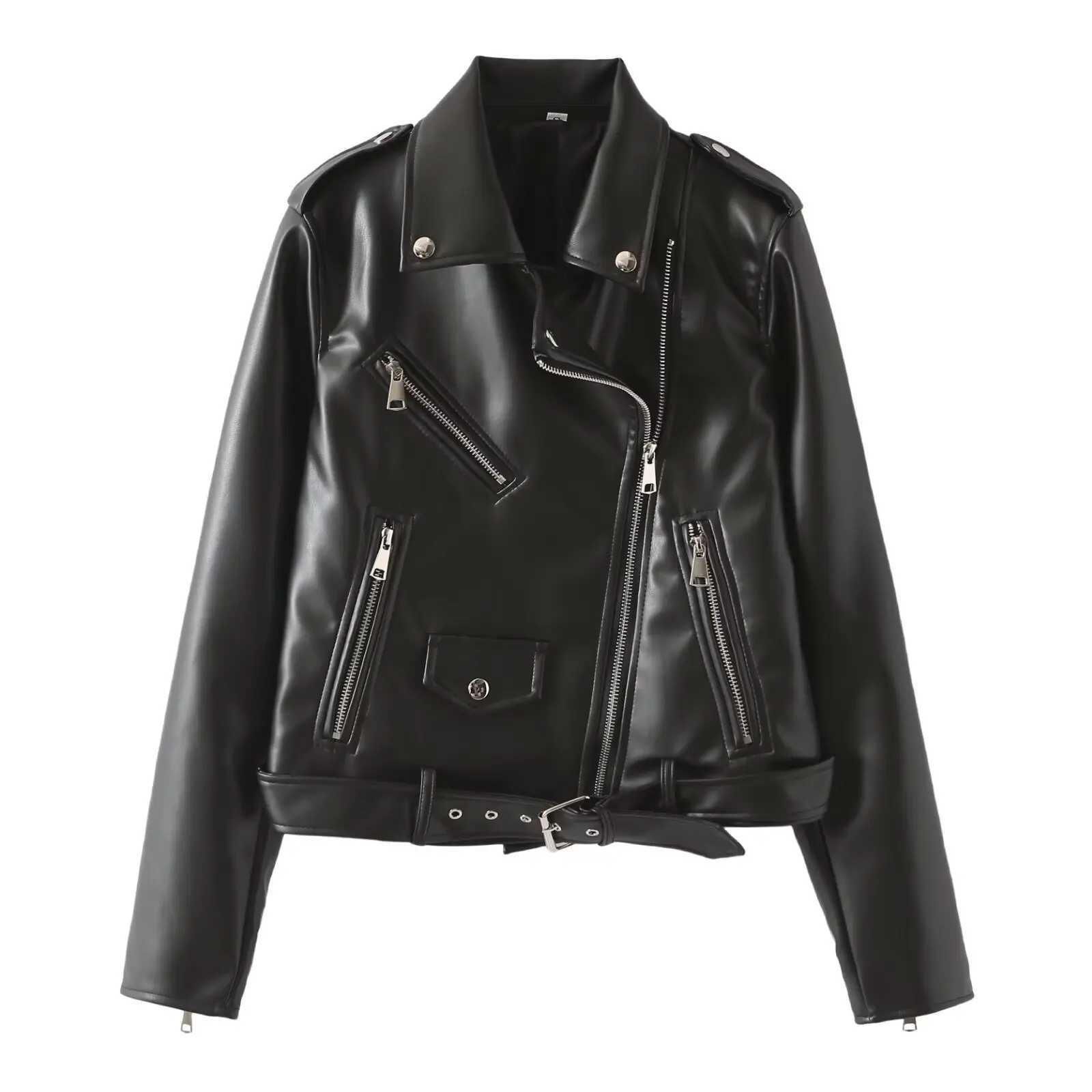 DiYiG WOMAN 2024 Autumn New Fashion Lazy Style with Belt Imitation Leather Biker Top Chic Lapel Zipper Jacket Outerwear MujerT251017