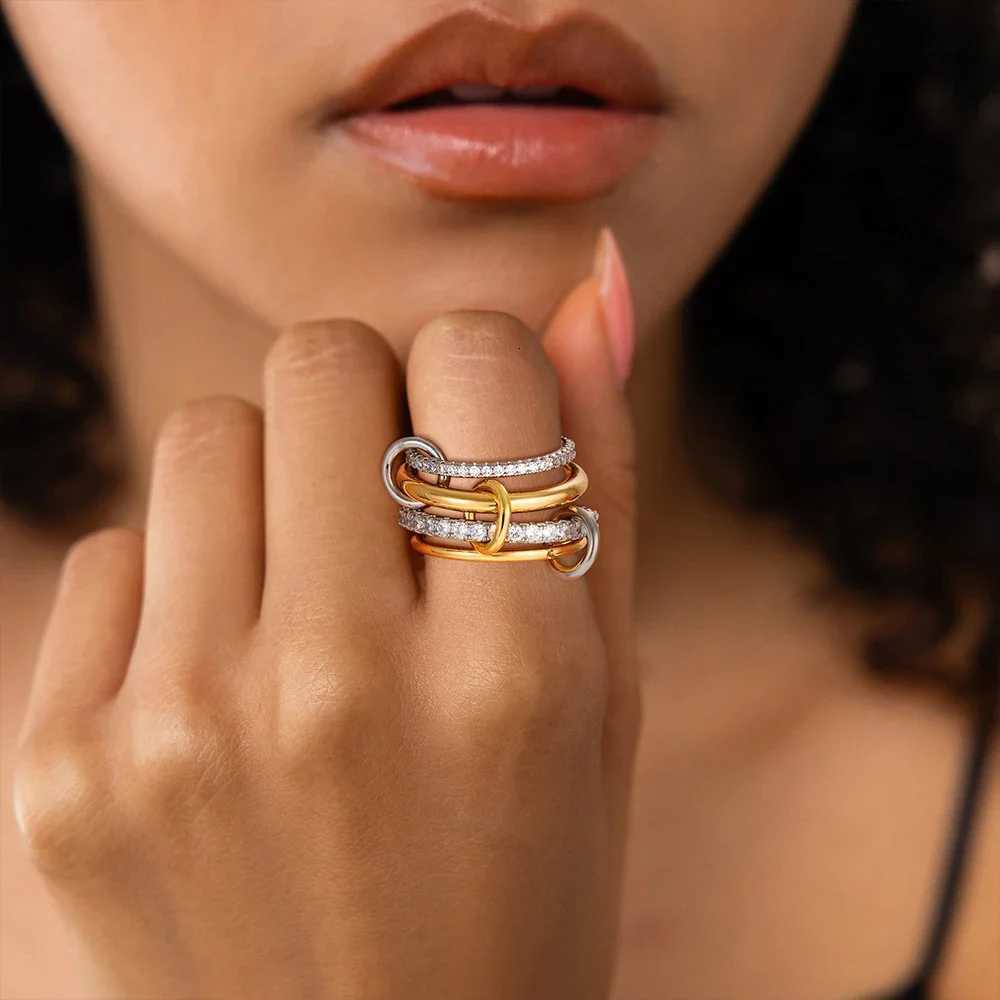 Stainless Steel Colored Cubic Zirconia Multilayer Stacking Link Ring Waterproof Mixed Color Connecting Ring Luxury Jewelry Gift Z251017