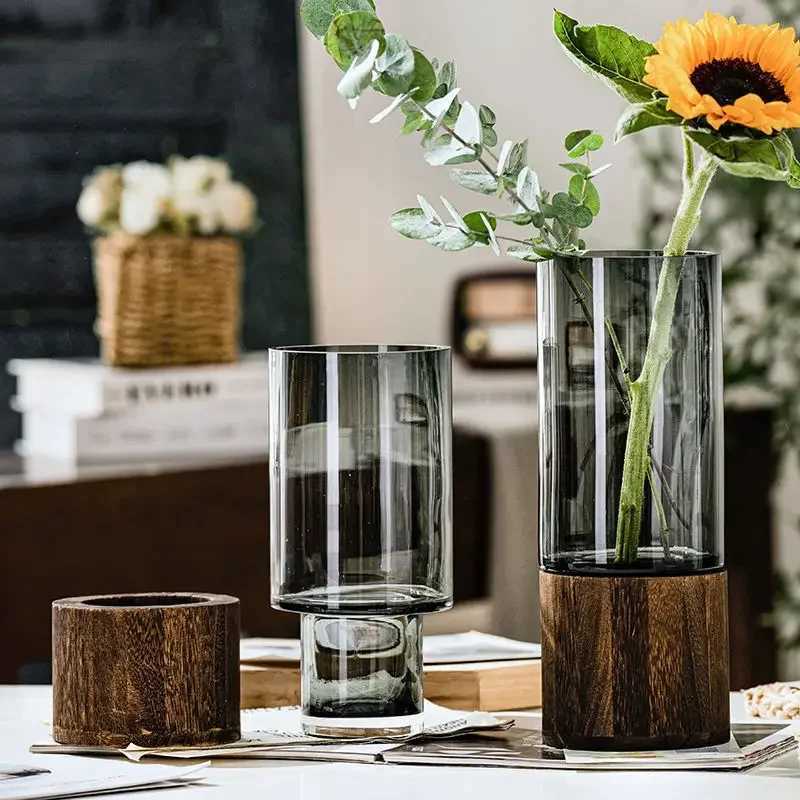 Vases Simple European Hydroponic Plant Household Living Room Table Inserted Flower Wood Base Transparent Glass Vase Home Decor C251017