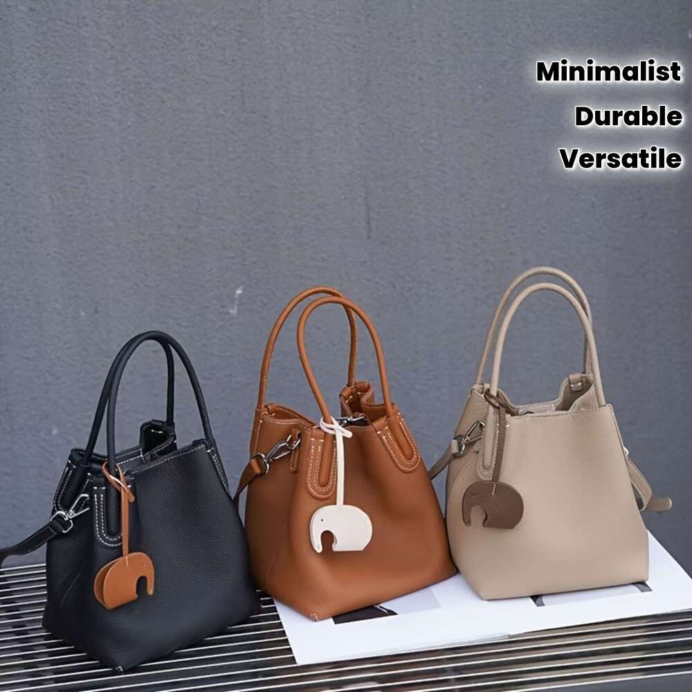 Women's Genuine Leather Top Layer Cowhide Bucket Convertible Handbag Crossbody Bag With Detachable Strap, Elegant Simple Design, Snap Closure, Su