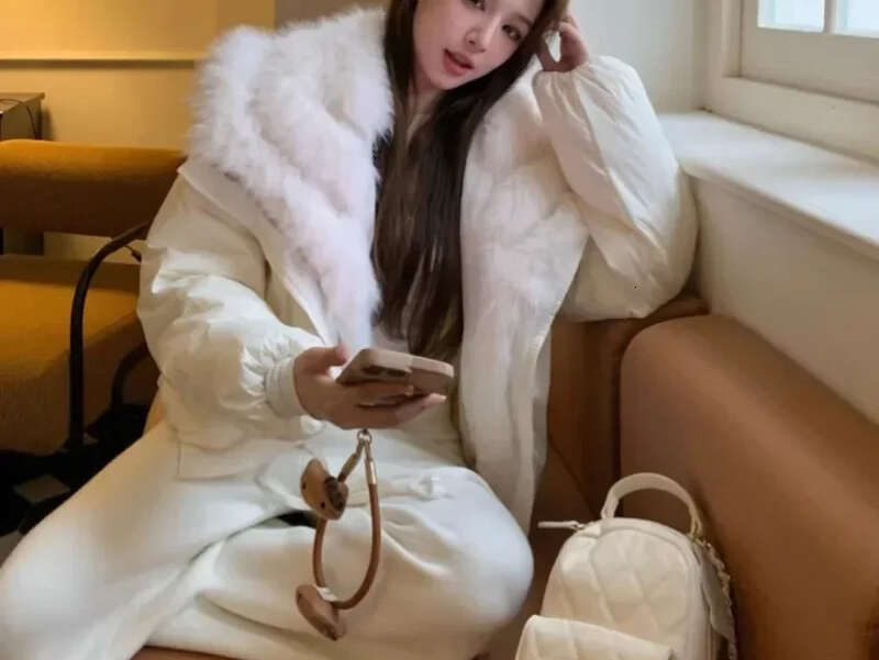 White Warm Patchwork Fur CollarFor Women's Winter Loose And Thick Versatile Temperament Parkas Female Clothing down coat
