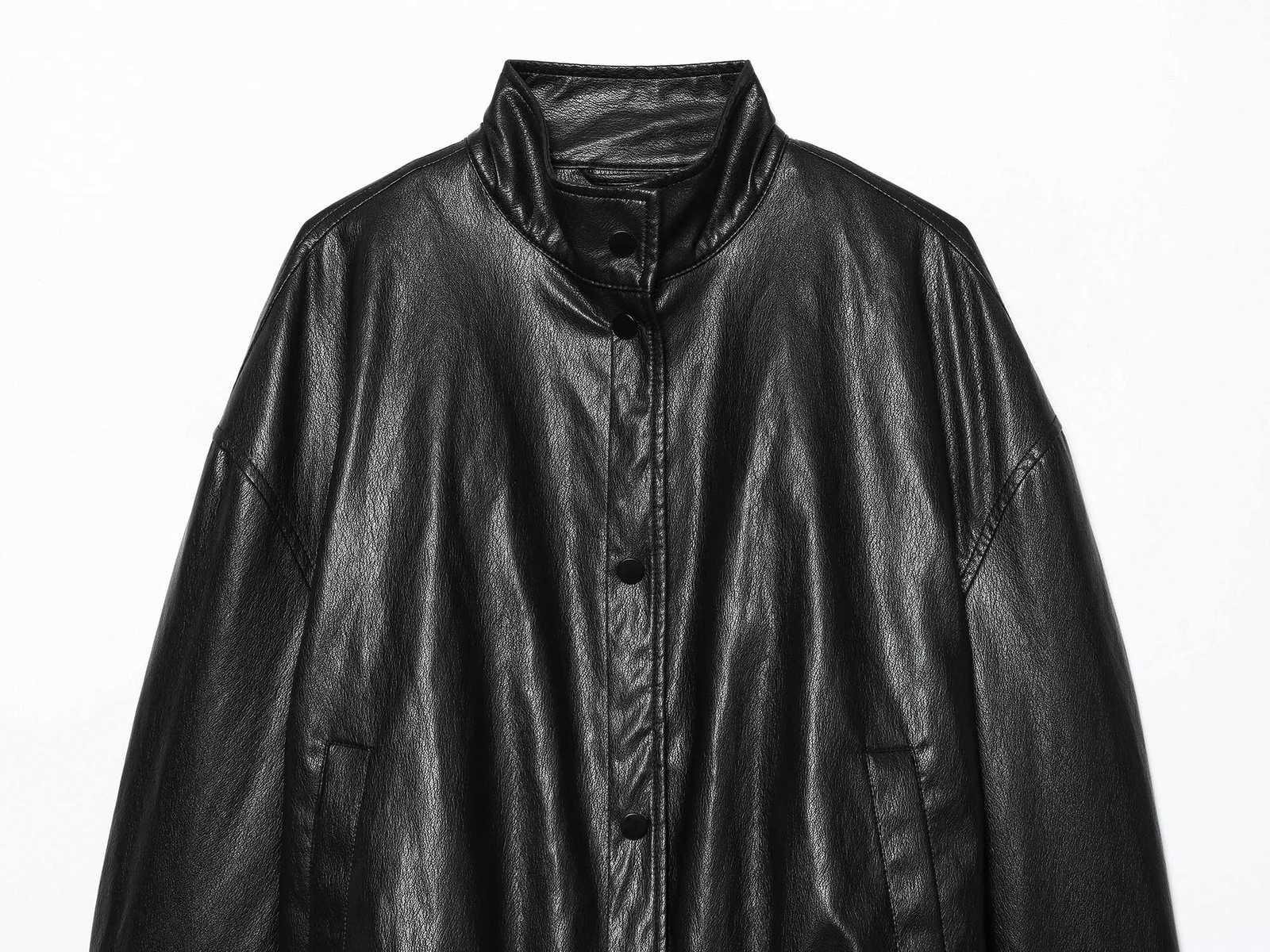 Womens clothing autumn new products versatile casual and fashionable loose turtleneck imitation leather bomber jacketT251017