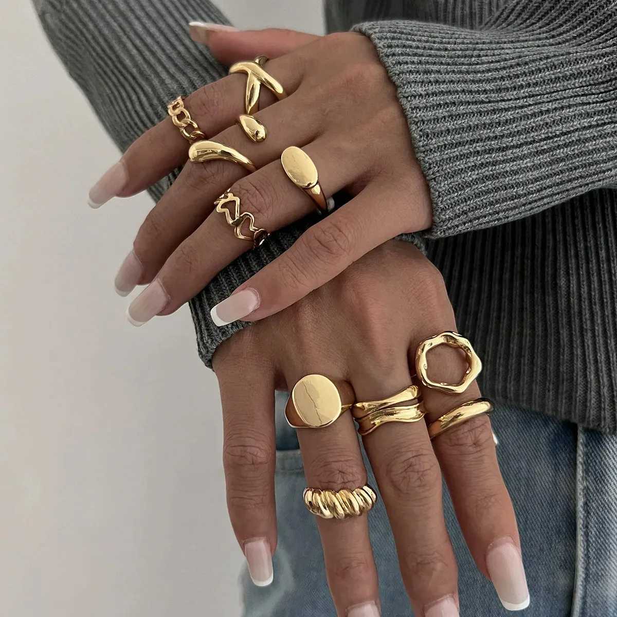 10PcsSet Geometric Trendy Gold Silver Color Cuff Rings Set for Women Girl Metallic Stainless Steel Minimalism Fashion Chic RingW251017
