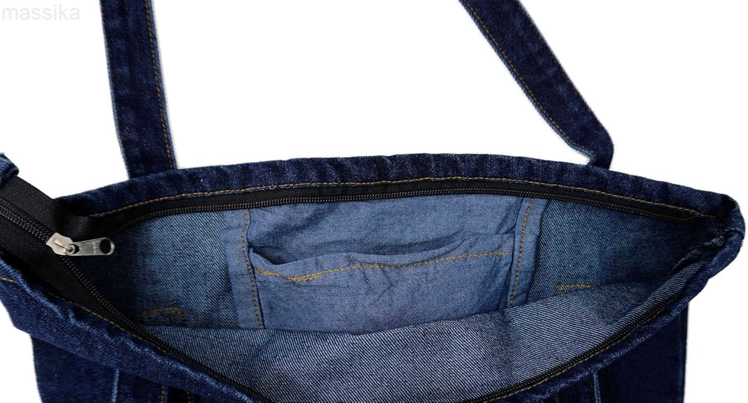 Denim Tote Bag Casual Style Lightweight Classic Retro Travel Shopper Shoulder Handbag M251017