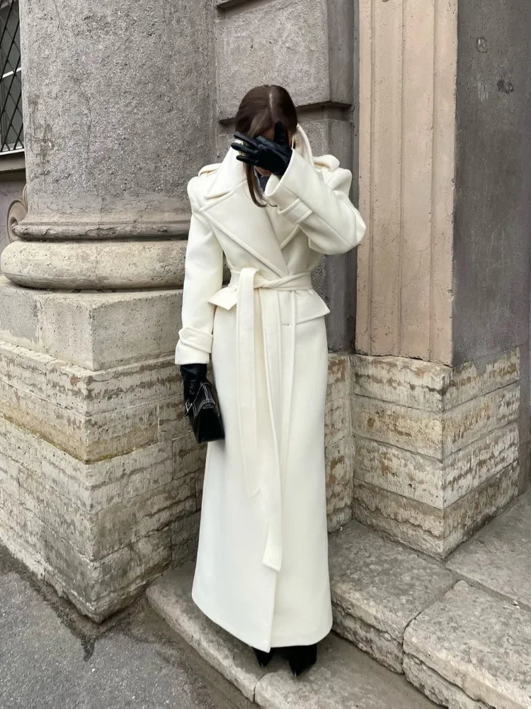 Elegant Lace Up Overcoats Women Doublebreasted Wool Long Coats With Pockets 2025 High Street Fashion Autumn Winter Outerwears 251010