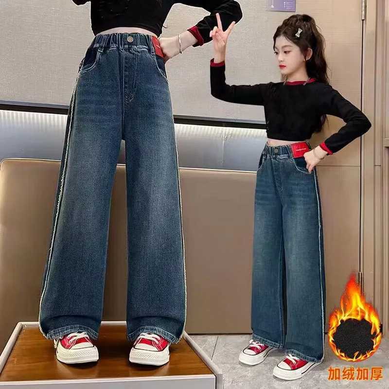 Teen Girls Winter Jeans Fleece Thick Warm Loose Wide Leg Pants Children Casual Allmatch Fashion Teenage School Kids TrousersT251017