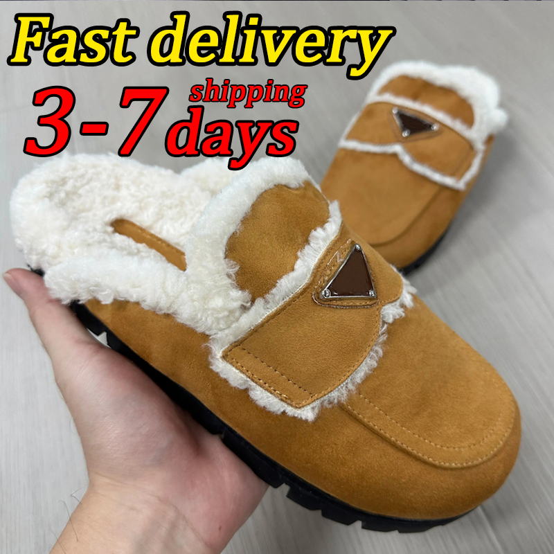 Top Quality P Designer slides Womens Suede Shearling Slippers Wool Loafers rubber Mules Sandal Winter Warm Footwear Furry Flats Slide Luxury Shoes