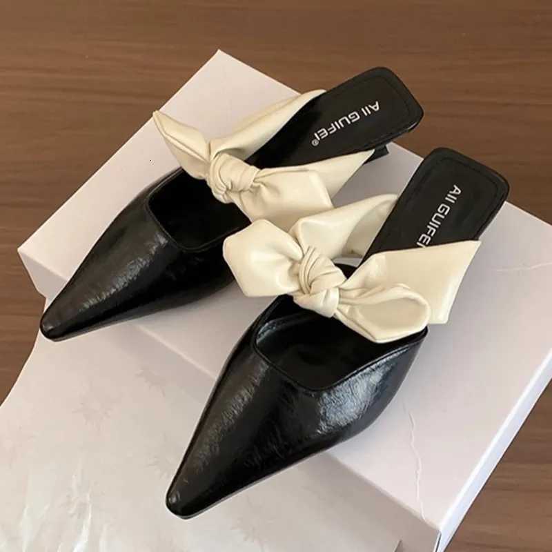 Sweet Butterflyknot Lowheeled Slippers Women Elegant Pointed Toe Slingback Slide Sandals Comfort Concise Designer Office Shoes Z251015