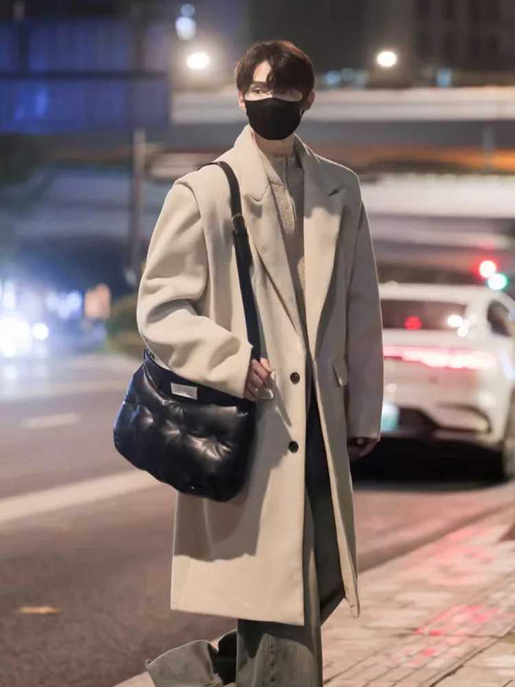 Korean Khaki Woolen Coat Mens Autumn Winter MidLength KneeOver Woolen Coat HighEnd Aosphere Outerwear J251017