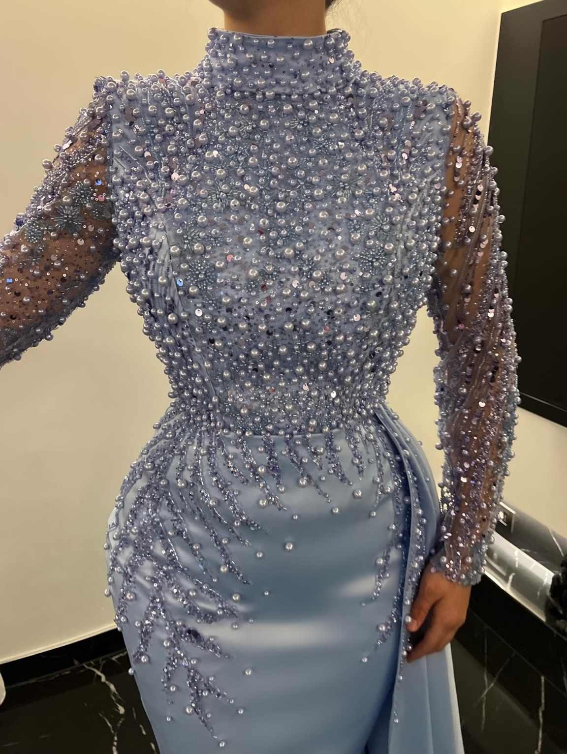 Gorgeous Pearls Evening Dresses High Neck Long Sleeve Mermaid Prom Gowns Sequins Beadeds Special Occasion Custom Made