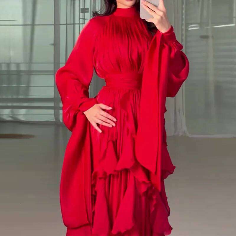 Fashion Waist Pleat Party Lady Casual High Collar Layered Banquet Elegant Long Sleeve Solid Color Evening Dress