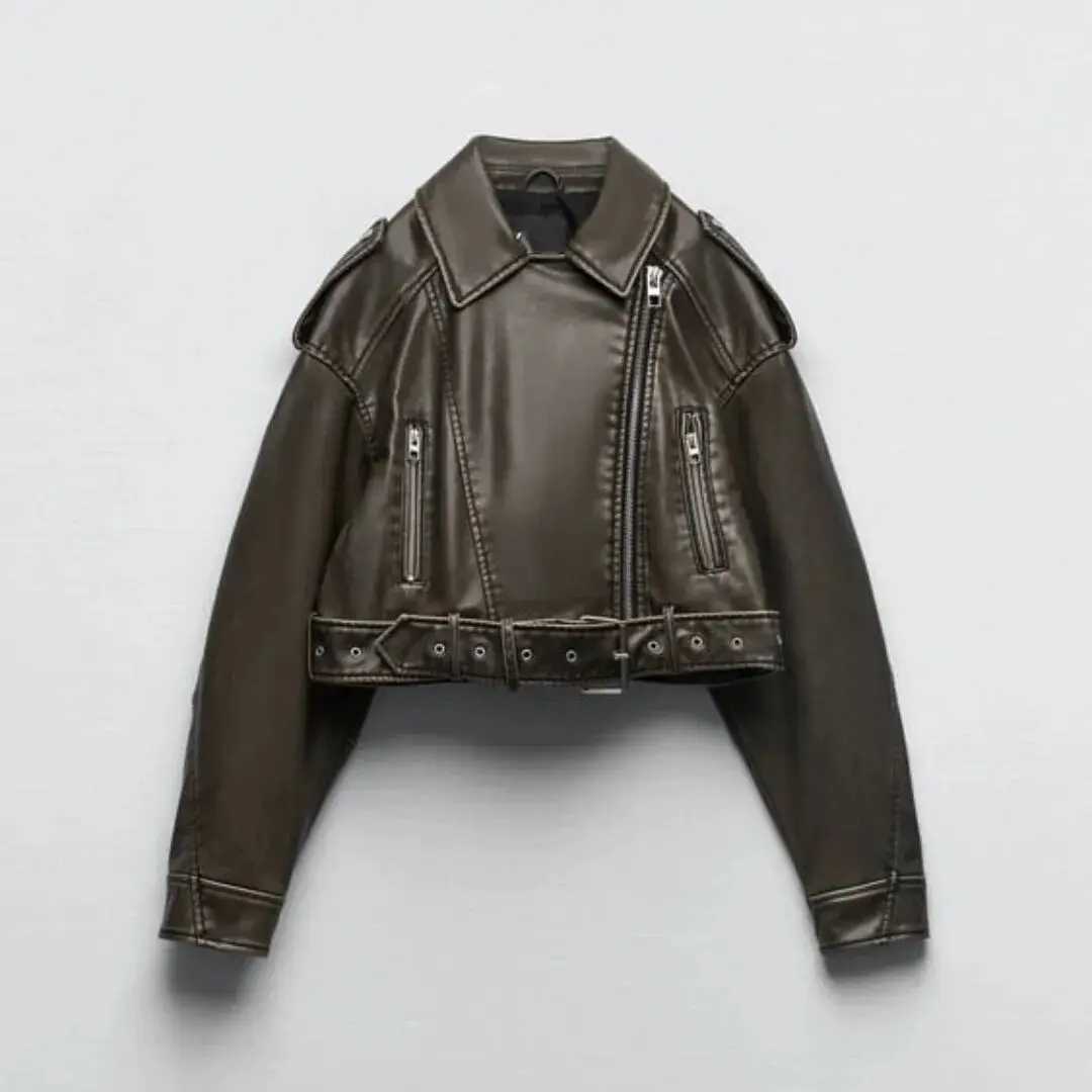 Women Vintage Loose Washed Faux Leather Short Jacket Streetwear Female Zipper Belt Moto Biker Retro Coat Outwear TopsT251017