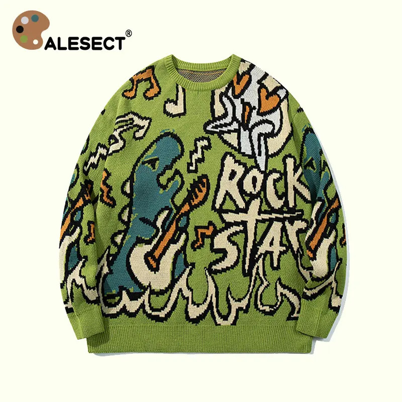 CALESECT Green Dinosaur Knit Sweater Womens Dino Jumper Y2K Streetwear Oversized Pullover Plus Size Mens Women Adults Men Trendy 251017