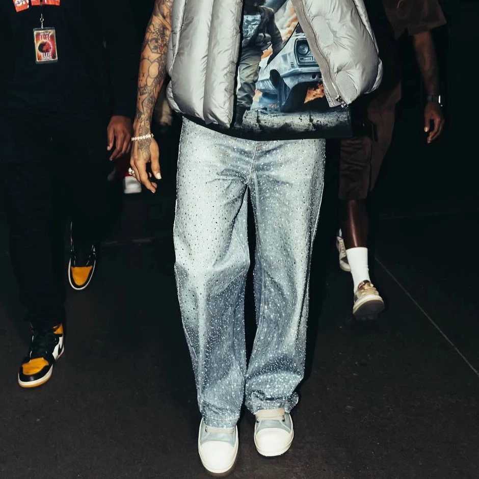 Full Rhinestone Print Washed Blue Baggy Jeans Mens and Women Ropa Hombre Streetwear Solid Casual Denim Trousers Loose Cargos Y251105