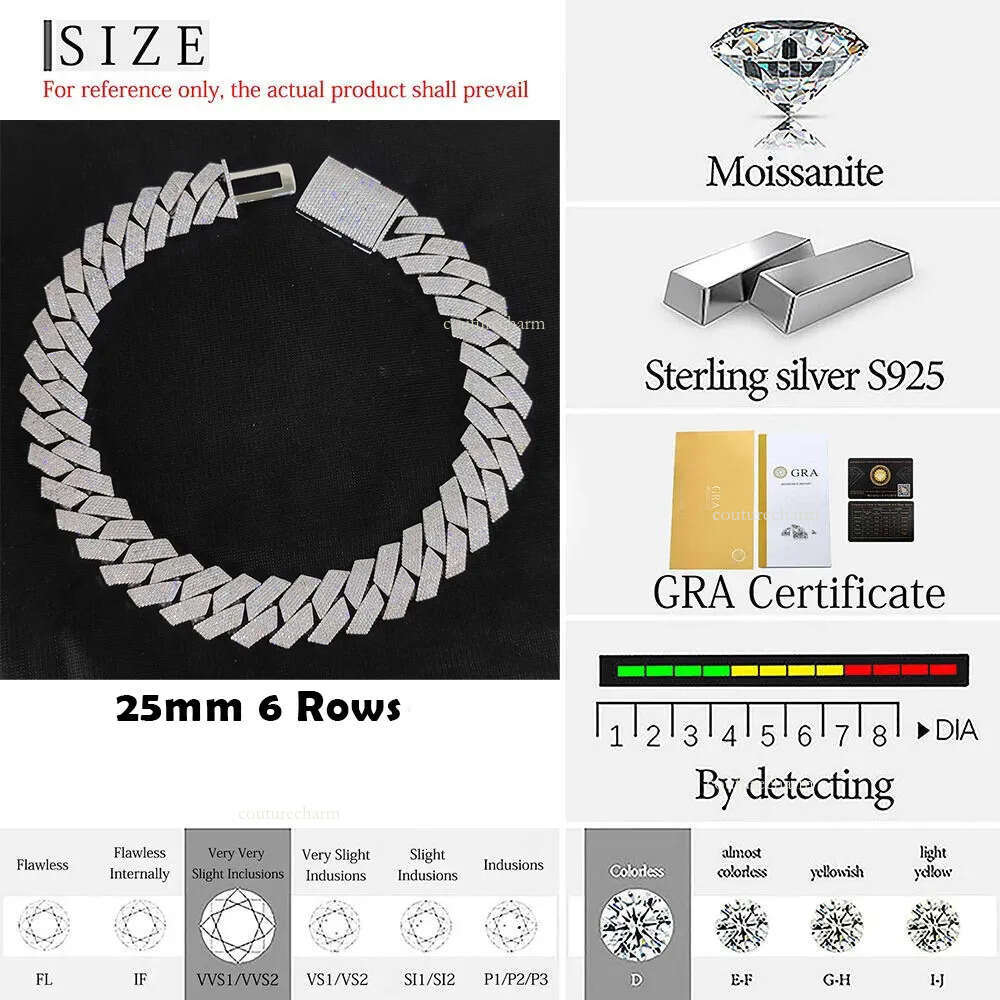 Pass Dia Test GRA Moissanite 25mm Wide 6Rows Solid Sier Cuban link chain for Rapper Hip Hop VVS Iced Out Necklace Free of charge delivery
