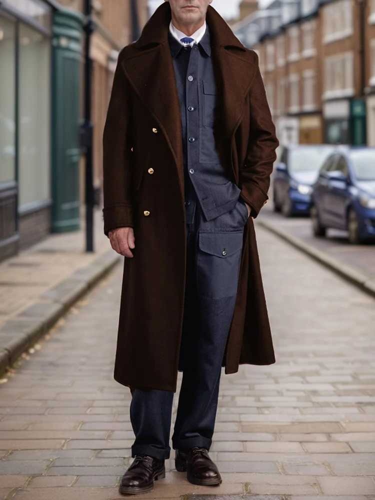 Autumn Winter Warm Woolen Coats Mens Vintage Turndown Collar Double Breasted Long Jackets For Men Outdoor Casual Trench Coat J251017
