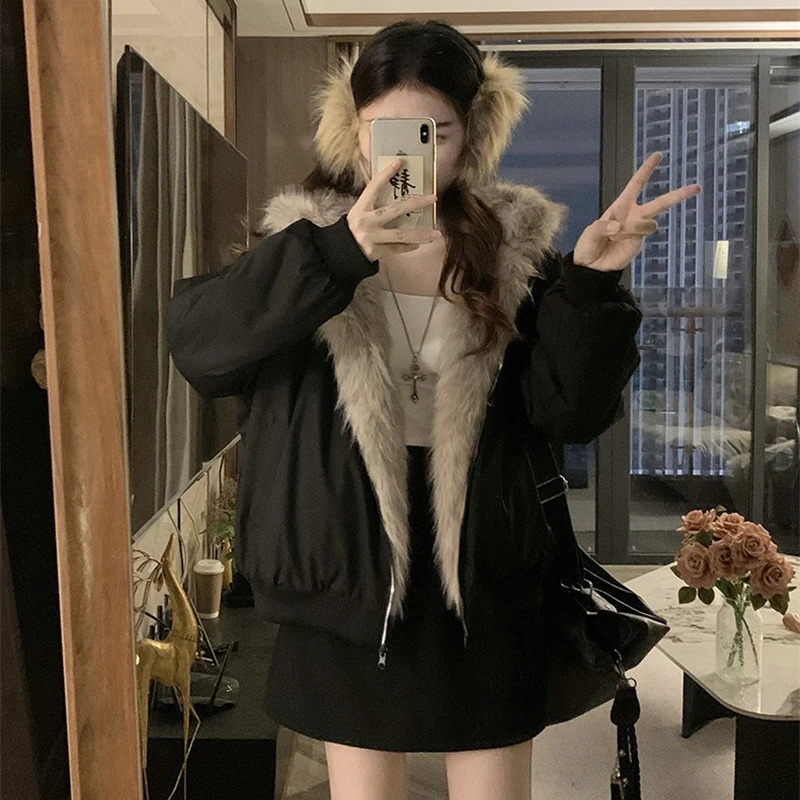 Twosided Wear mink velvet Fur Hooded Cotton Padded Jacket Fashion Winter Jackets Womens Short Loose Coats Trend 251011