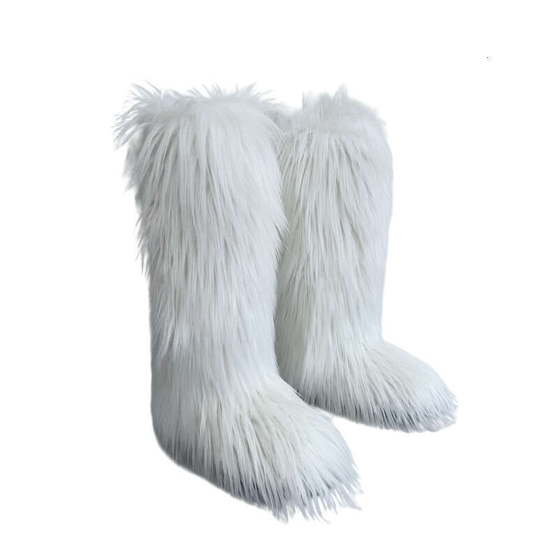 Women's Slip-On Furry Fluffy Faux Fur Knee-High Winter Boots With Plush Collar Low Block Heel Warm Round Toe Snow Boots, Soft PU Cover & Non-Slip
