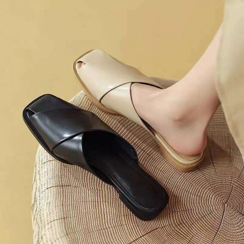 Women Mules 2025 Summer Elegant Square Closed Toe Flat Slippers Female Shoes Casual Leather Black White Slides Plus Size 35-40