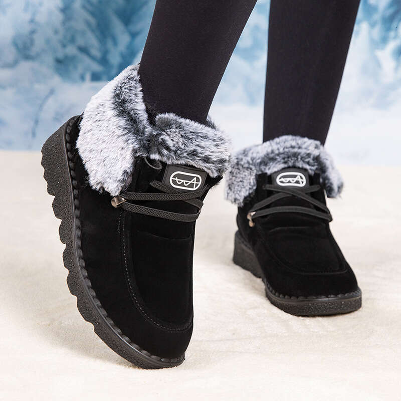 Women's Winter Boots With Cozy Plush Faux Fur, Non-Slip Platform Sole Round Toe - Warm PU Cover Ankle Booties, Lace-Up Black Grey Snow Shoes For 