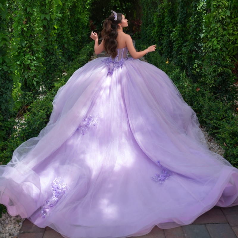 Lilac Shiny Quinceanera Dresses Off The Shoulder Applique Flower Beading Crystal Tull Party Birthday Sweet 16 Dres Vestidos 15 De Anos