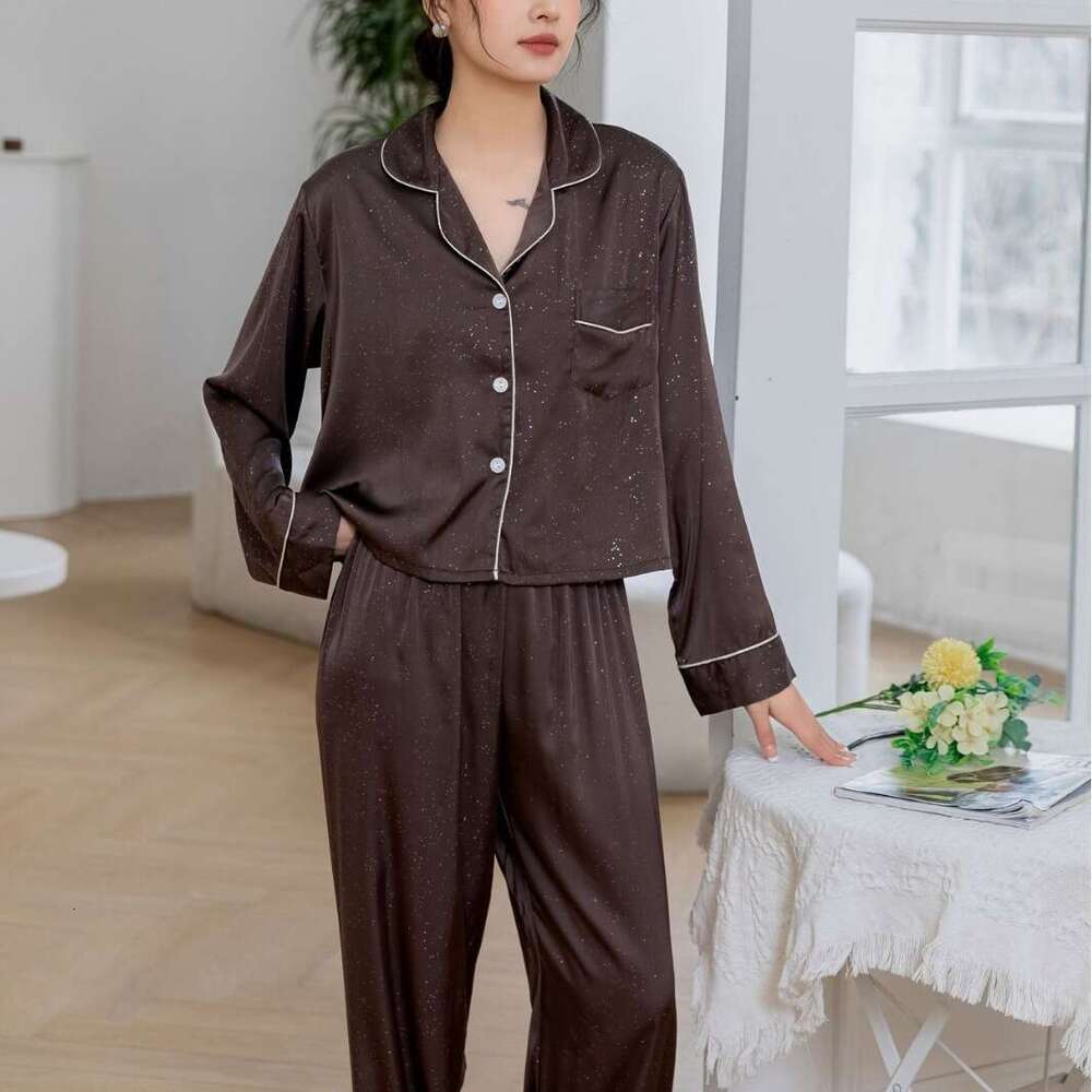 Spring and Autumn Women's Simple Chocolate Pajama Set Comfortable Breathable Ice Silk Loungewear Suitable for Outerwear