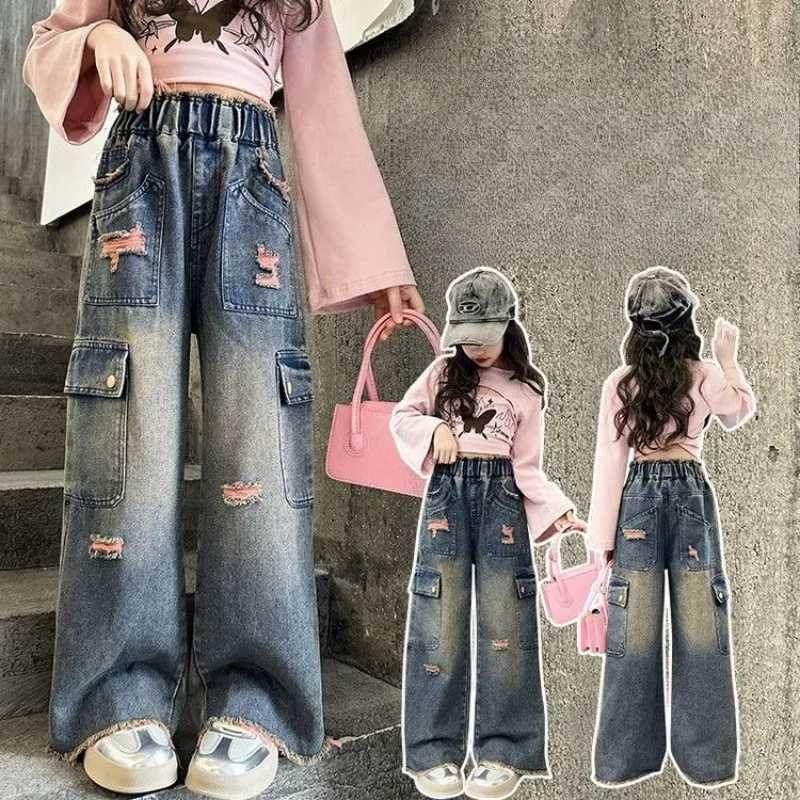 Womens WideLeg Cargo Jeans for Tween Girls Straight Leg Big Kid Autumn Pants Stylish School Jeans for Girls Hot Sale 2025T251017