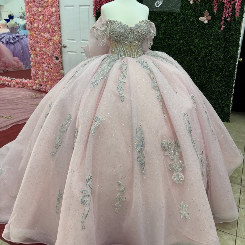 Light Pink Shiny Quinceanera Dresses Off The Shoulder Sequin Applique Lace Beading Crystal Bow Tull Corset Party Birthday Sweet 16 Dres Vestidos 15 De