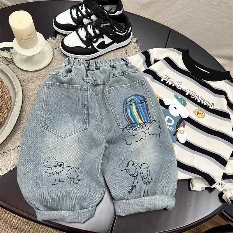 Childrens Jeans Trousers Spring and Autumn Pants Boys Stretch Pant 2025 New Boys Baby Loose Print Feet PantsT251017