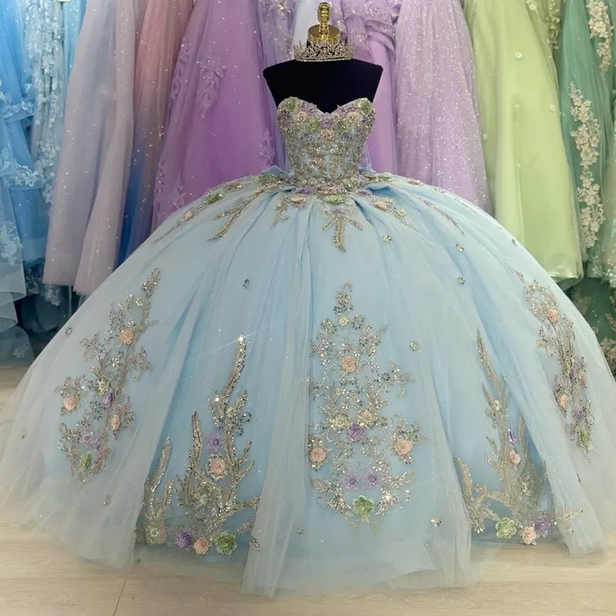 Sky Blue Quinceanera Dress Mexican Vestidos De 15 Applique Lace Tull Princess Sweet 16 Birthday XV Ball Gown Cinderella Girl Dress