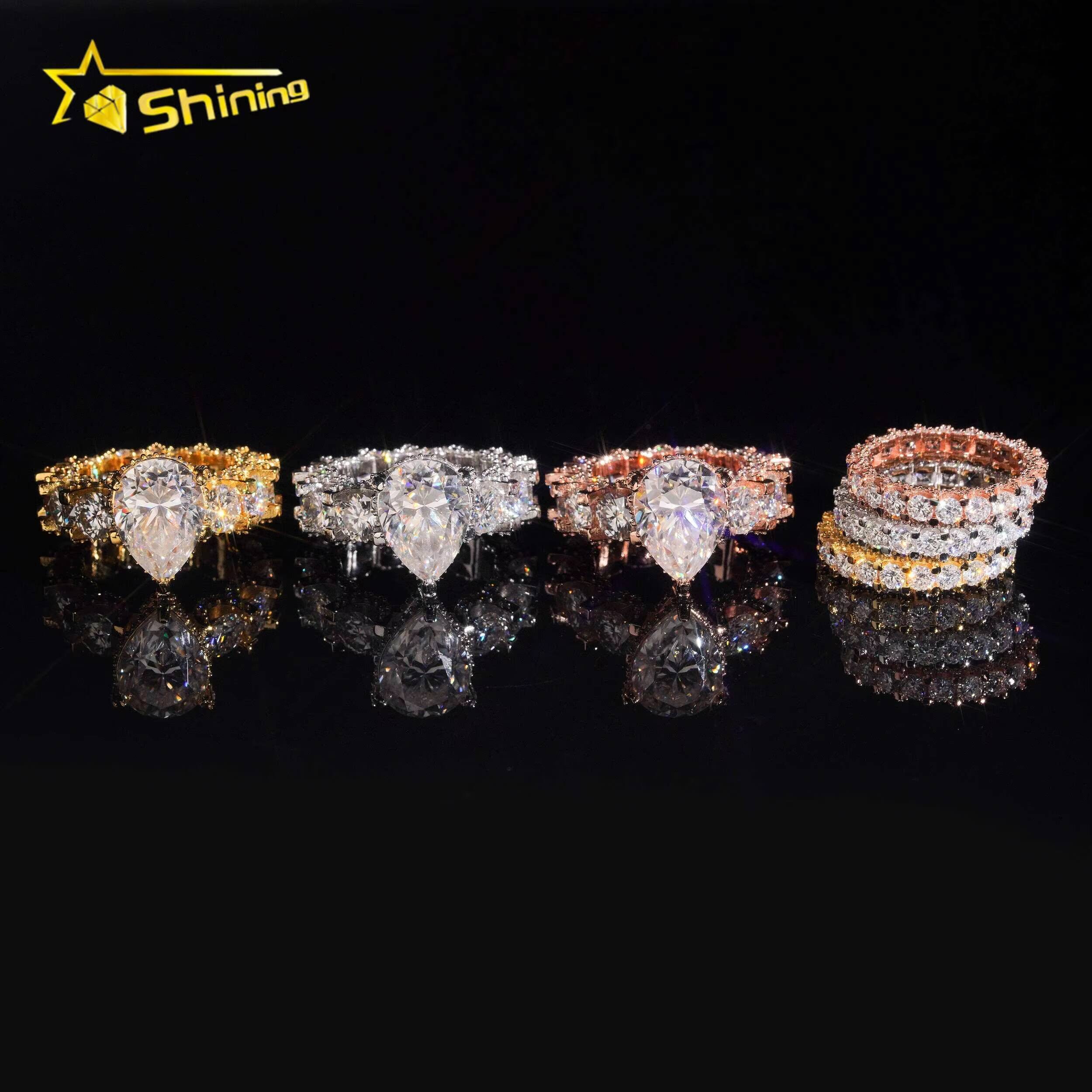 Wedding Ring Set 925 Sterling Silver Gold Plated Luxury Design Fully Band 6ct Pear Moissanite Pass Diamond Test Sparking Ring