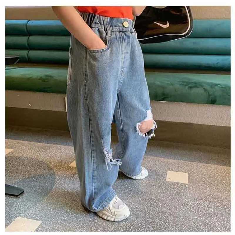 Fashion Forward Children Cotton Ripped Wide Leg Jeans Stylish and Comfortable Denim Pants for 3 8 Y Kids GirlsT251017
