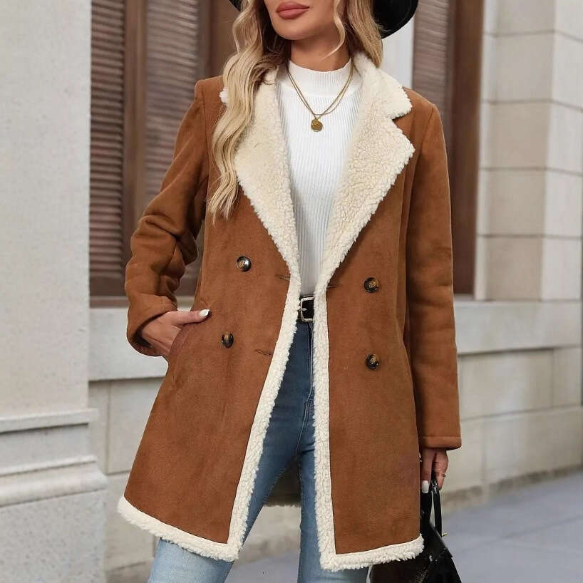 Autumn Winter New Suede Velvet Coat Fashion Casual Turn-Down Collar Mid-Length Warm Woolen Women's Overcoat B5