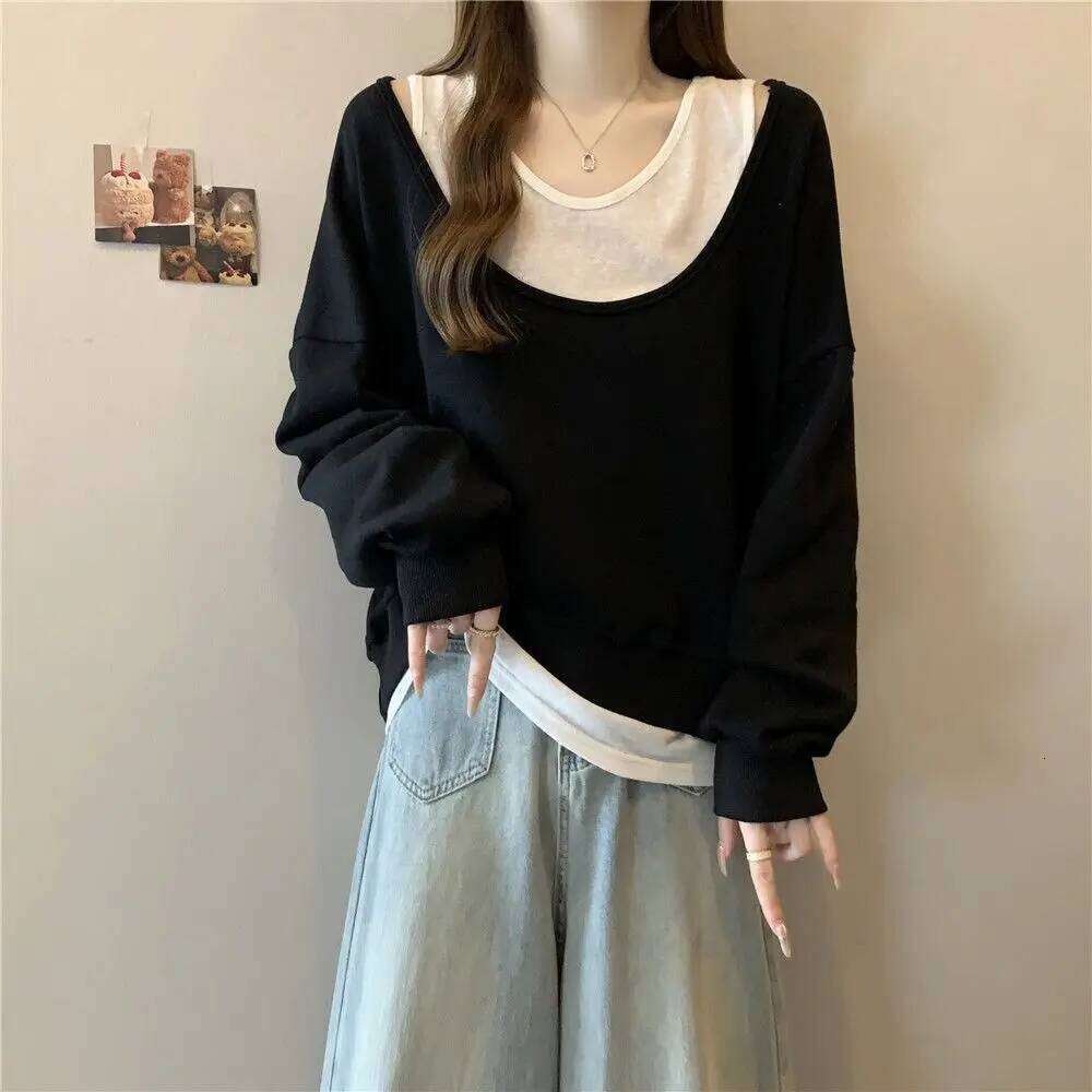 Shoulder Bared Oversized Women's Sweatshirt Pure Color Base Layer Two Piece Set New Arrival Autumn Season Princess Sleeve Rou...