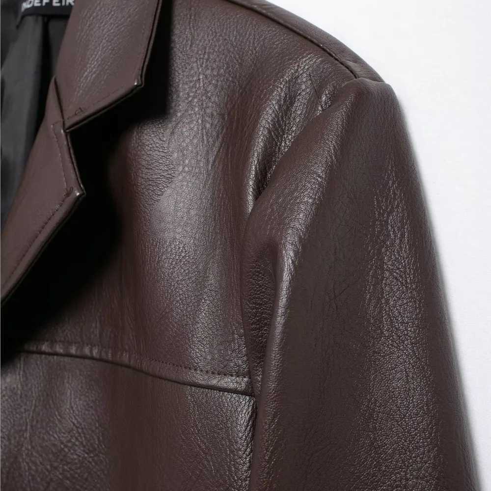2024 American Retro Women Brown Red PU Leather Blazer Notched Collar Full Sleeve Midi Long Oversized Suits Loose OuterwearT251017