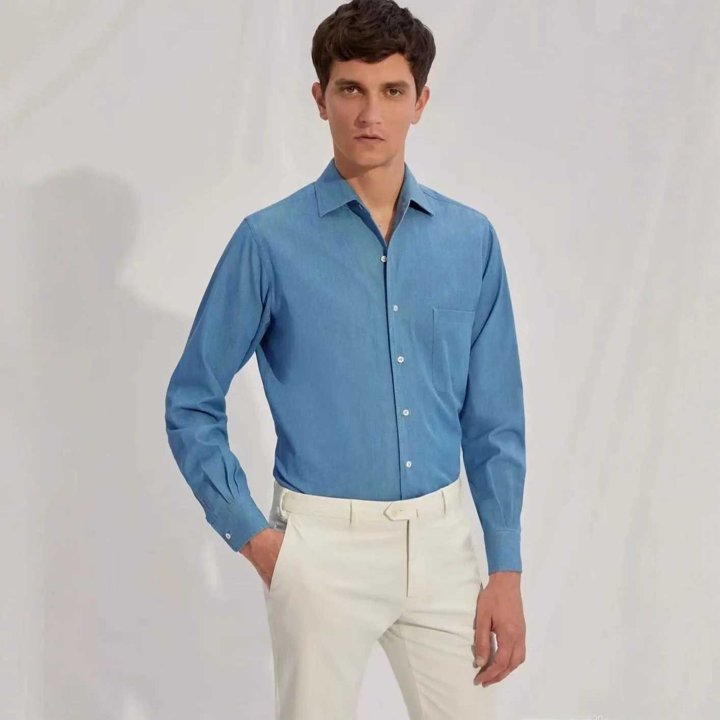 Mens Casual Washed Denim Shirt Loose Fit Long Sleeve Classic Collar Pocket Detail Business Casual Style Cotton Shirt J251017