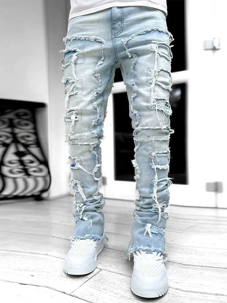 Y2K Mens Old Ripped Jeans Slim Fit PaTCh StreTCh Blue Black Pencil Denim Pants 2025 Autumn Harajuku Streetwear Y251105