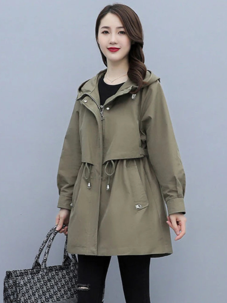 Spring and Autumn Womens Midlength Trench Coat Hooded Zipper Tiein Jackets British Style Loose Coats Womens Clothing 251013