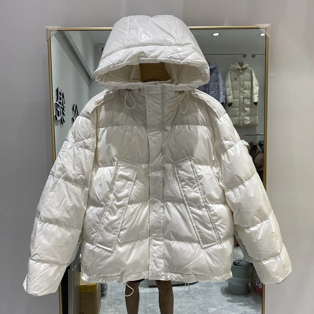 Glossy Short Puffer Jacket Korean Hooded Shiny Down Jackets Solid Colors Drawstring Long Sleeve Winter Parkas Female Coat 251014