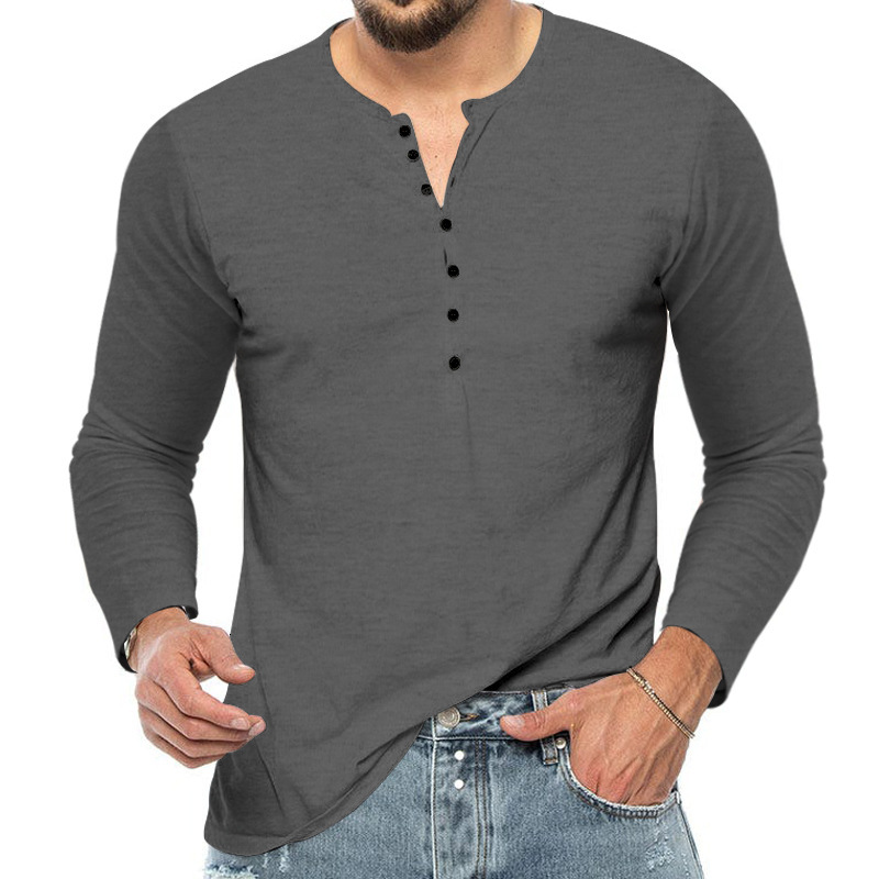 2025 New Men's Spring and Autumn Long Sleeve T-Shirt Slim Fit Button V-Neck Thin Base Shirt