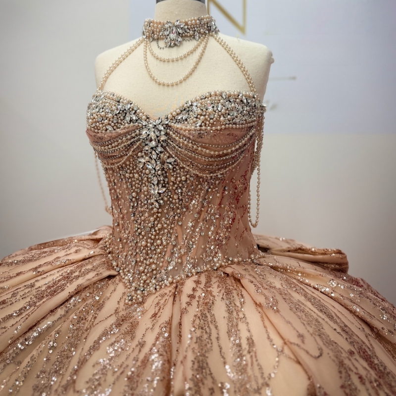 Champagne Shiny Quinceanera Dresses Off The Shoulder Sequin Applique Lace Beading Crystal Tull Party Birthday Sweet 16 Dres Vestidos 15 De Anos