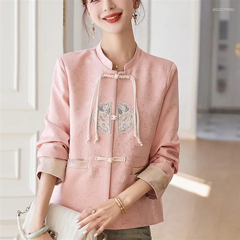 Women's Jackets Chinese Style Coats Women Outwear Plate Buckle Coat Embroidery Jacket Stand Up Neck Top Short For Thin Retro