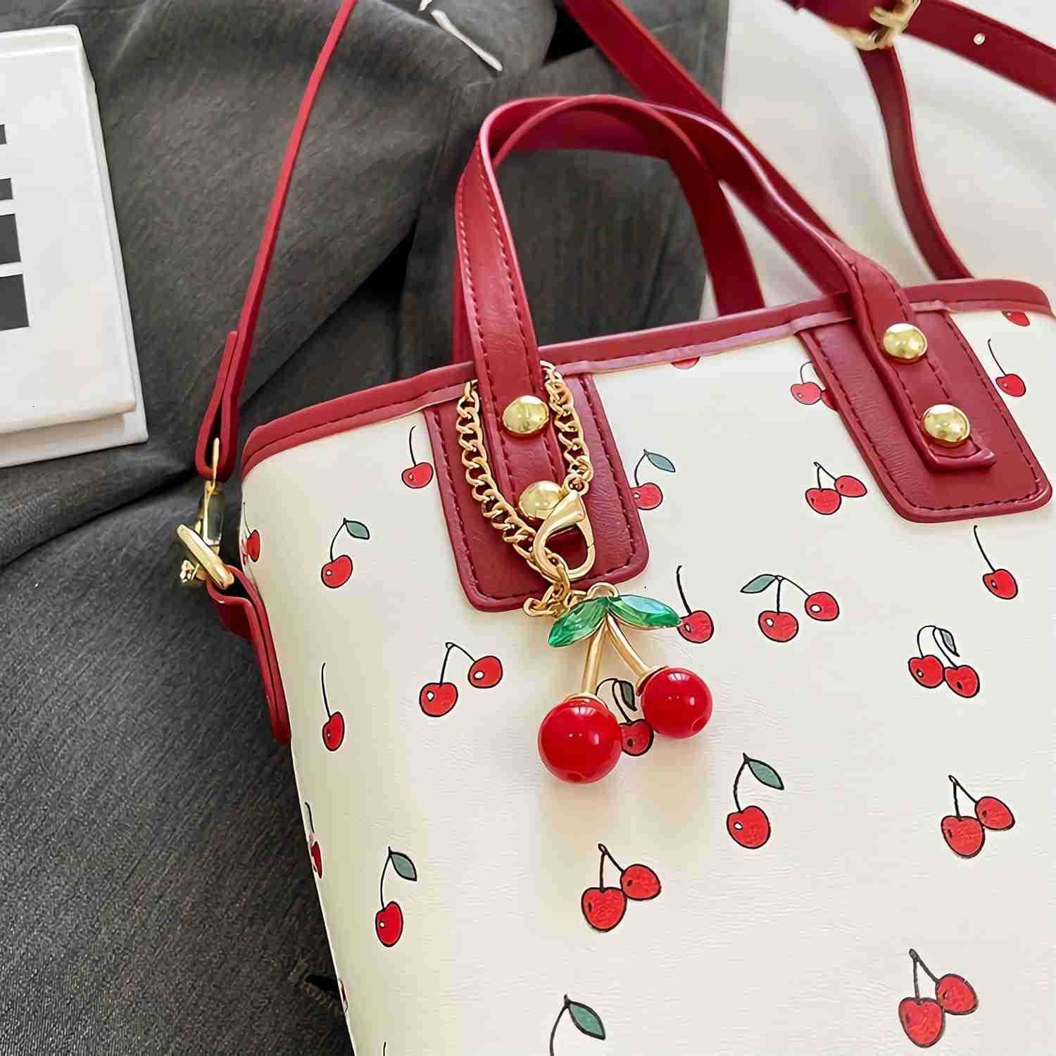Cherry Leather Tote Bag Cute Y2K Shoulder Purse for Women Red Designer Handbag with Top Handle Fruit Print Clutch Satchel Z251017