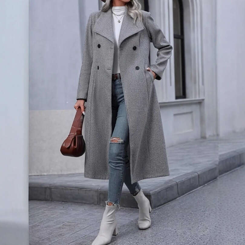 Women's Autumn Winter Woolen Coat Fashion Casual Turn-Down Collar Double-Breasted Windproof Long Slim-Fit Jacket For Women B5