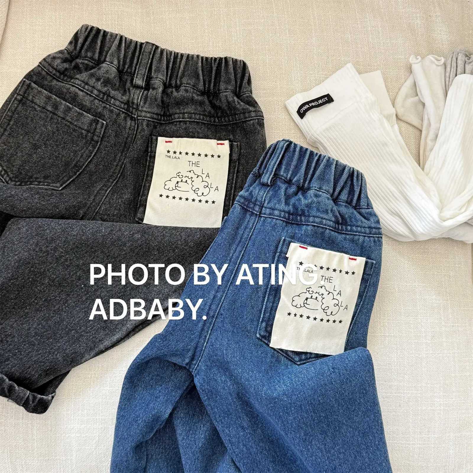 2025 Autumn New Girls Jeans Solid Children Casual Pants Baby Boys Denim Trousers Fashion Patch Toddler Harem Pants Kids ClothesT251017